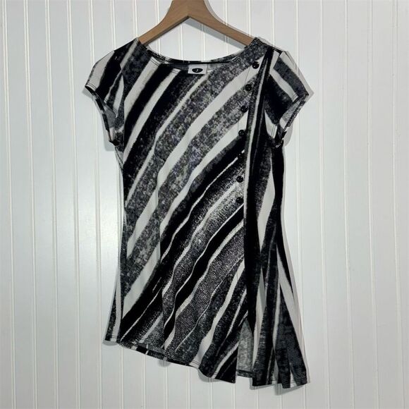 J by Jolene Asymmetrical Tunic Top L Abstract Stripe Print Button Stretchy Y2K - Picture 1 of 8